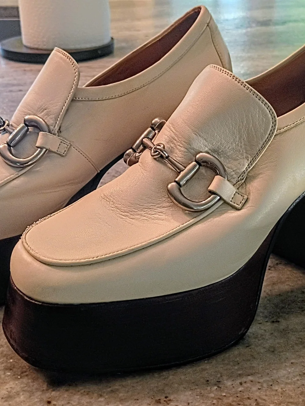 Gucci Classic 1950 Reimaged Horsebit 95 Leather Platform Loafer Size 7.5 White